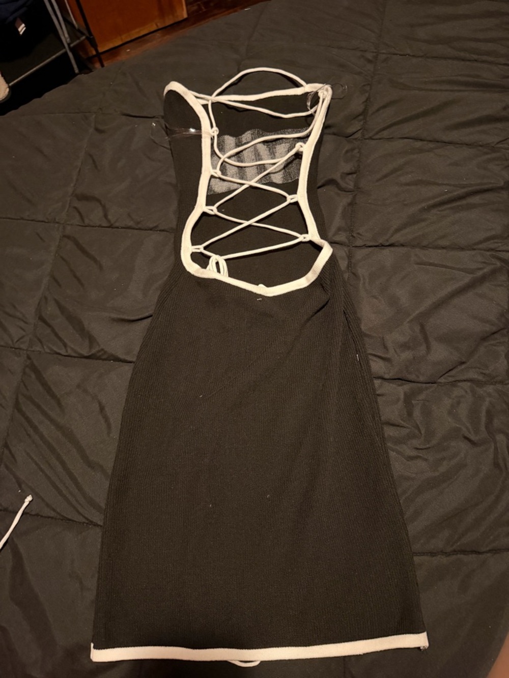 Black Knit Lace-Up Back Bodycon Dress with Contrast Trim